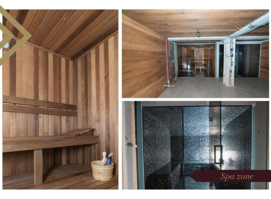 Indulge in the luxurious spa zone featuring a serene sauna crafted from rich, aromatic wood.