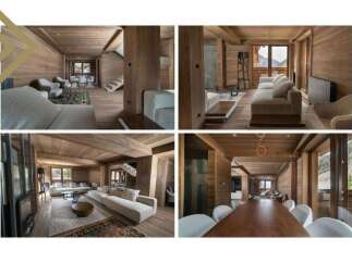 This stunning chalet boasts a spacious open-plan living area with floor-to-ceiling windows offering breathtaking mountain views, multiple cozy seating areas perfect for relaxation, and a large dining table ideal for entertaining guests.