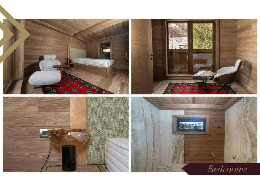 Luxurious bedrooms with wooden wall paneling, plush seating, and stunning mountain views.