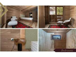 Luxurious bedrooms with wooden wall paneling, plush seating, and stunning mountain views.