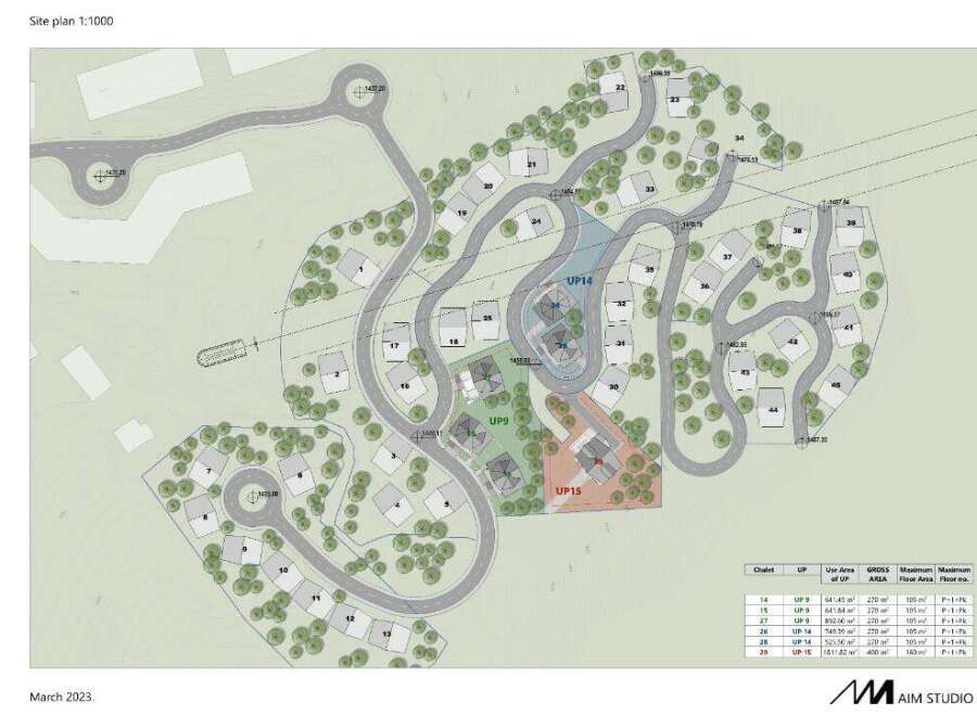 This stunning site plan showcases a collection of 45 unique chalets, thoughtfully nestled within a picturesque landscape.