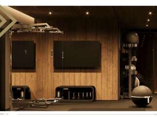 This luxurious home boasts a state-of-the-art private gym, complete with wood paneling and top-of-the-line equipment.