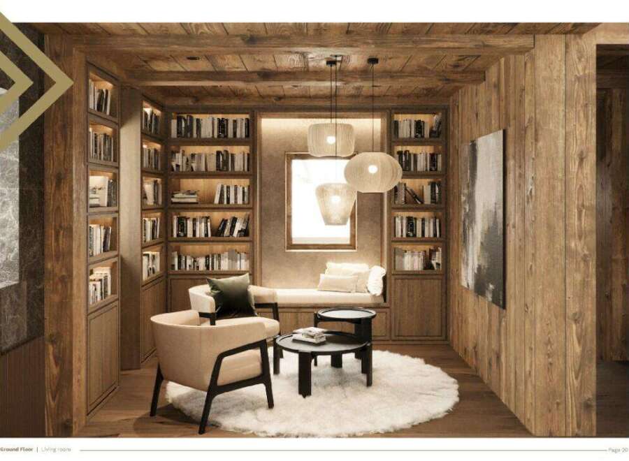 This luxurious living room boasts built-in wooden bookshelves, creating a warm and inviting atmosphere.