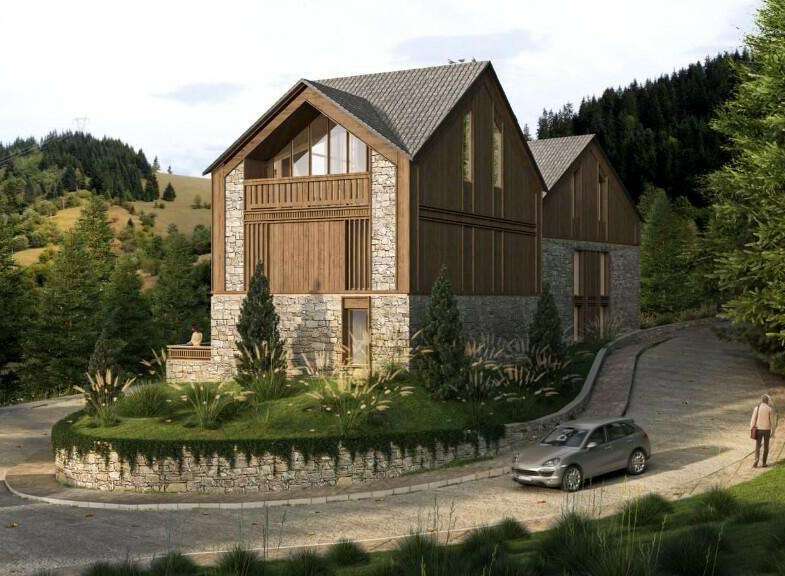 This stunning mountain home boasts a unique architectural design, blending rustic wood and stone elements for a cozy yet modern feel.