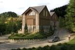 This stunning mountain home boasts a unique architectural design, blending rustic wood and stone elements for a cozy yet modern feel.