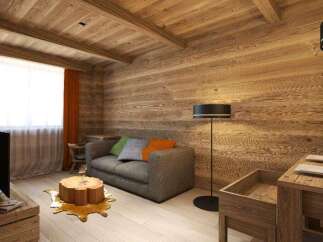 Cozy wooden cabin living room with a grey sofa, tree stump coffee table, and floor lamp.