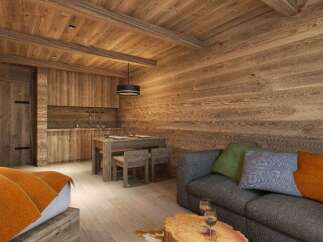 Cozy wooden cabin apartment with a fully equipped kitchen, dining area, and comfortable living room.