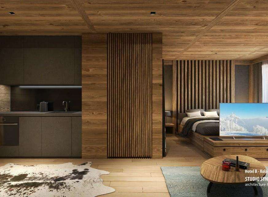 This stunning hotel room boasts a modern kitchen with dark gray cabinetry and wooden accents, seamlessly integrated into a cozy living space.