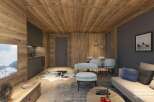 This stunning hotel room boasts a cozy and modern design, featuring a blend of natural wood and sleek gray accents.