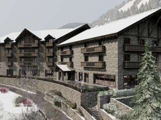 Nestled in a snow-covered mountainside, this stunning hotel boasts a rustic-chic design with stone and wood accents.