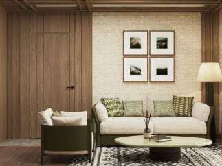 This stunning living room boasts a sophisticated design with a neutral color palette and natural wood accents.