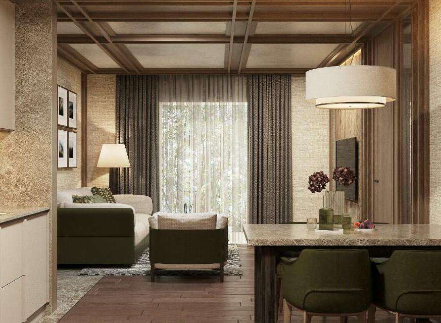 This stunning apartment boasts a spacious living area with large windows, hardwood floors, and a modern kitchen.