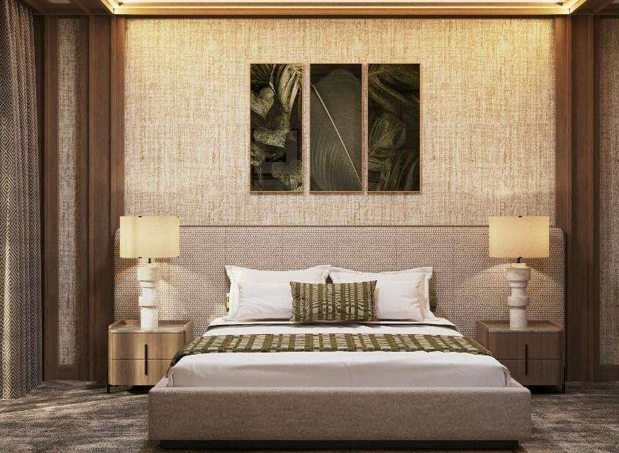 This luxurious bedroom boasts a sophisticated design with a beige woven headboard, complemented by stylish lamps and nightstands.