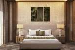 This luxurious bedroom boasts a sophisticated design with a beige woven headboard, complemented by stylish lamps and nightstands.