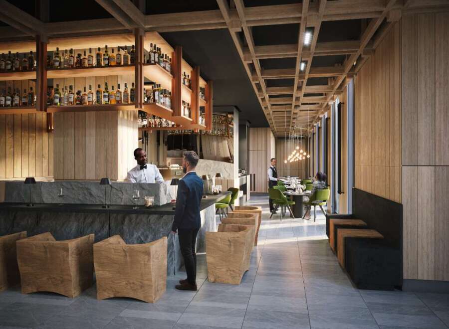 This stunning restaurant boasts a sleek, modern design with a warm, inviting atmosphere.
