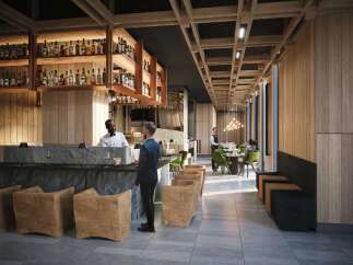 This stunning restaurant boasts a sleek, modern design with a warm, inviting atmosphere.