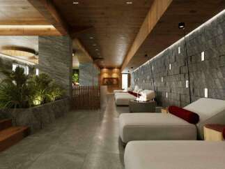 Indulge in ultimate relaxation at our luxurious spa, featuring a stunning indoor pool and comfortable lounge area with individual fire pits.