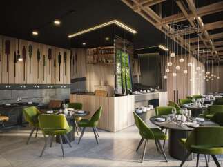 This modern restaurant boasts a sleek design with dark wood accents, green velvet chairs, and unique wall art.