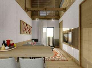 This stunning apartment boasts a spacious open-plan living area with a sleek modern kitchen and dining area.