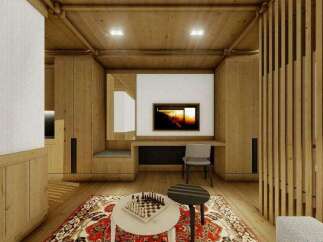 This stunning property boasts a spacious and bright living area with a cozy wooden interior.