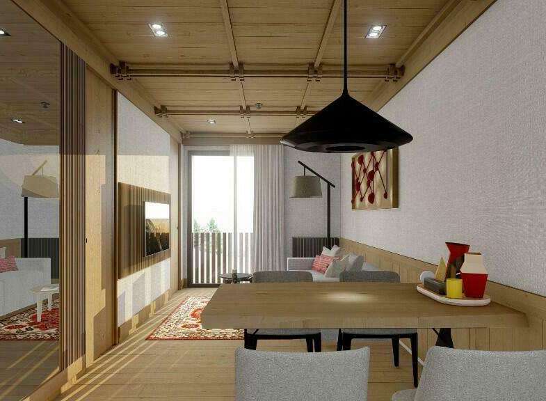 This stunning apartment boasts a spacious open-plan living area with a modern dining table and comfortable seating, perfect for entertaining guests.