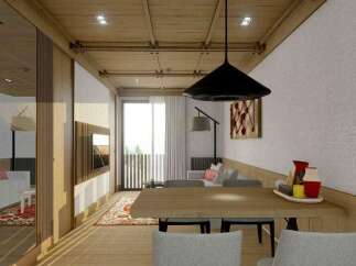 This stunning apartment boasts a spacious open-plan living area with a modern dining table and comfortable seating, perfect for entertaining guests.