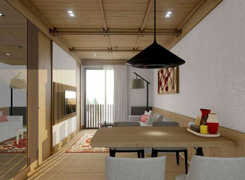 This stunning apartment boasts a spacious open-plan living area with a modern dining table and comfortable seating, perfect for entertaining guests.