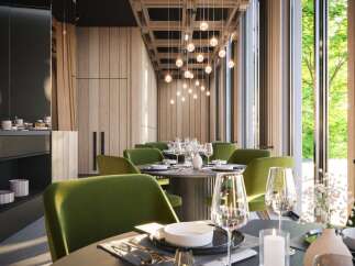 This stunning restaurant boasts a sophisticated design with floor-to-ceiling windows offering breathtaking views, complemented by warm wood accents and stylish green velvet chairs.