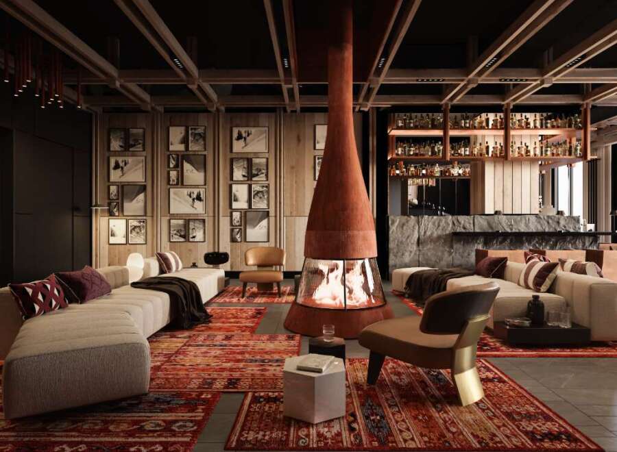 Luxury lodge with a stunning fireplace as the centerpiece, surrounded by comfortable seating and a sophisticated bar.