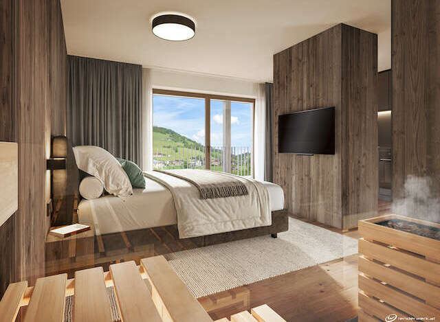 Experience luxury in this stunning bedroom featuring a modern design and natural wood accents.