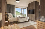Experience luxury in this stunning bedroom featuring a modern design and natural wood accents.