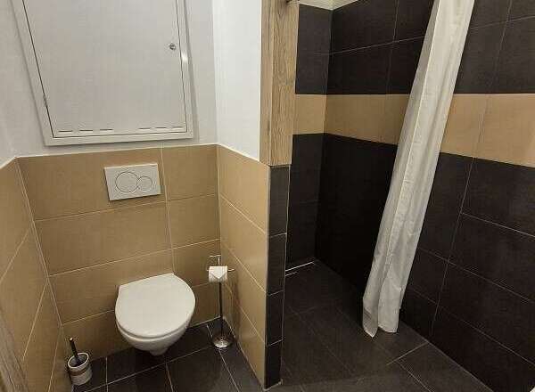 This bathroom features a modern design with a sleek toilet and stylish tile work.