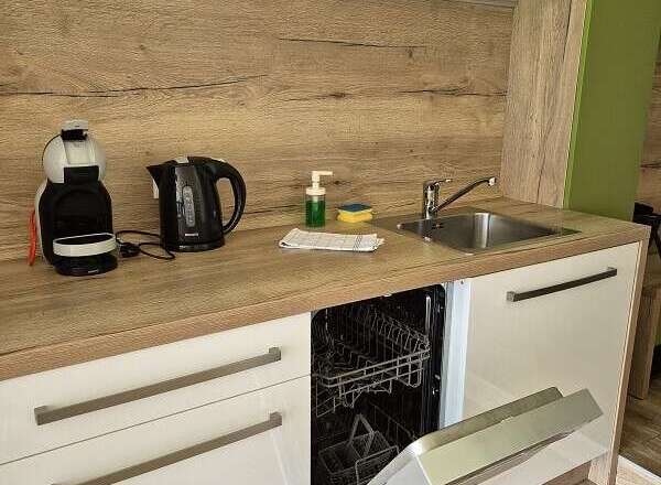 Modern kitchen with sleek white cabinetry and a built-in dishwasher.