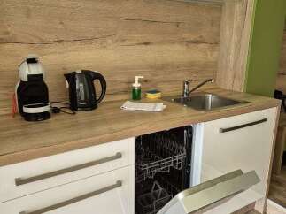 Modern kitchen with sleek white cabinetry and a built-in dishwasher.