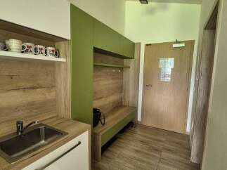Step into this inviting space, featuring a modern kitchenette with sleek cabinetry and a stainless steel sink.