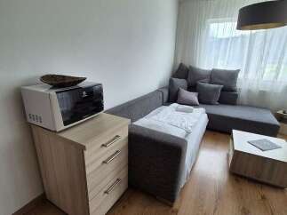 Discover a cozy living space featuring a modern microwave and a stylish wooden cabinet.
