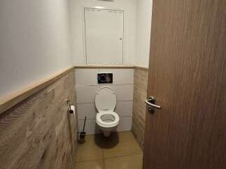 This compact bathroom features a modern design with wood-paneled walls and tiled flooring, creating a warm and inviting atmosphere.