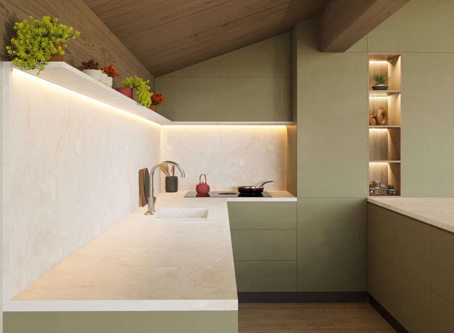 This modern kitchen boasts a sleek design with light beige countertops and olive green cabinetry.