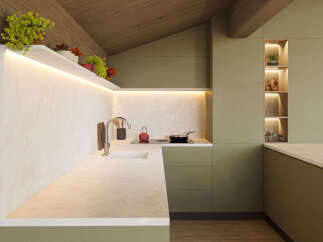 This modern kitchen boasts a sleek design with light beige countertops and olive green cabinetry.