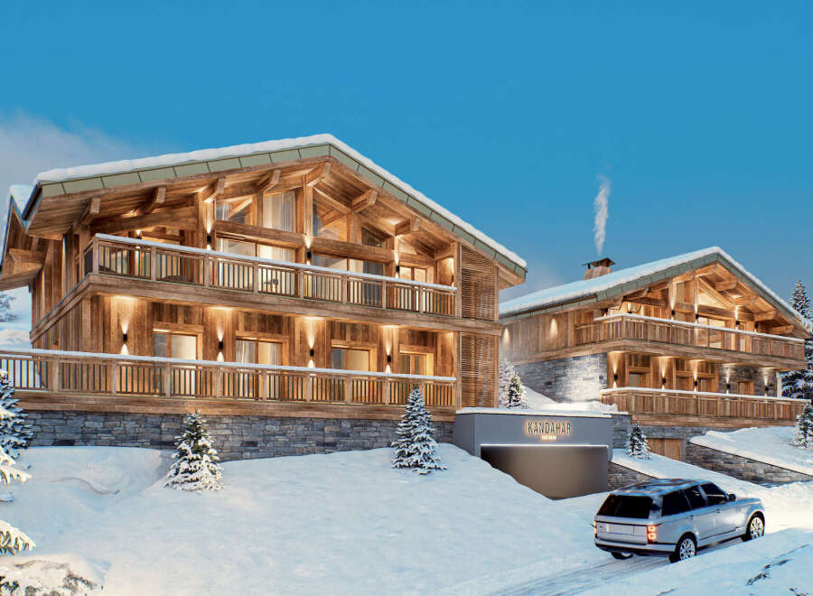 Luxury chalet in the snowy mountains with stunning architectural details.