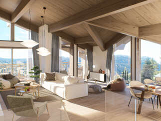This stunning chalet boasts a spacious open-plan living area with floor-to-ceiling windows offering breathtaking mountain views.
