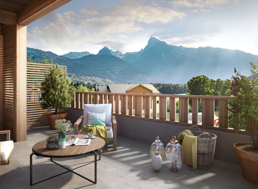 Enjoy breathtaking mountain views from this stunning balcony.