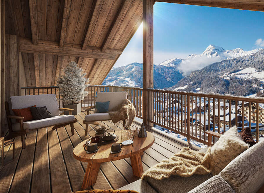 Experience the ultimate alpine retreat with breathtaking mountain views from this stunning balcony.