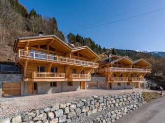 Discover luxury living in these stunning wooden chalets nestled in a picturesque mountain setting.