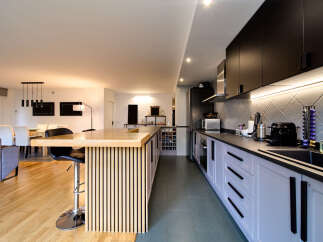 Stunning open-plan kitchen and living area with sleek modern design.