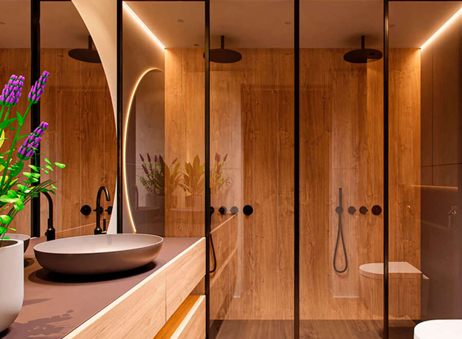Luxurious bathroom with wooden walls and glass shower enclosure.