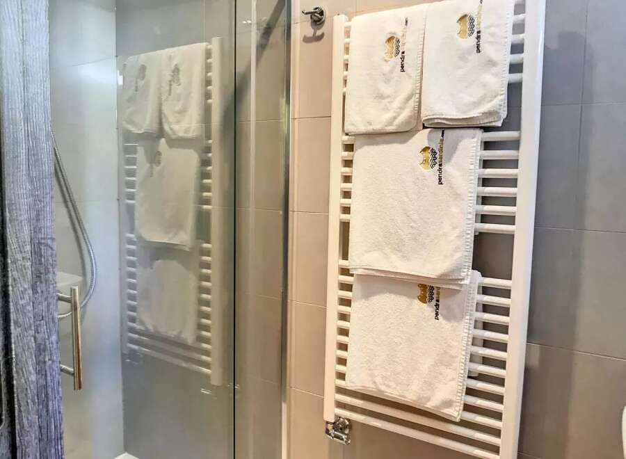 Discover a modern bathroom with a sleek shower enclosure.