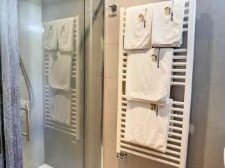 Discover a modern bathroom with a sleek shower enclosure.
