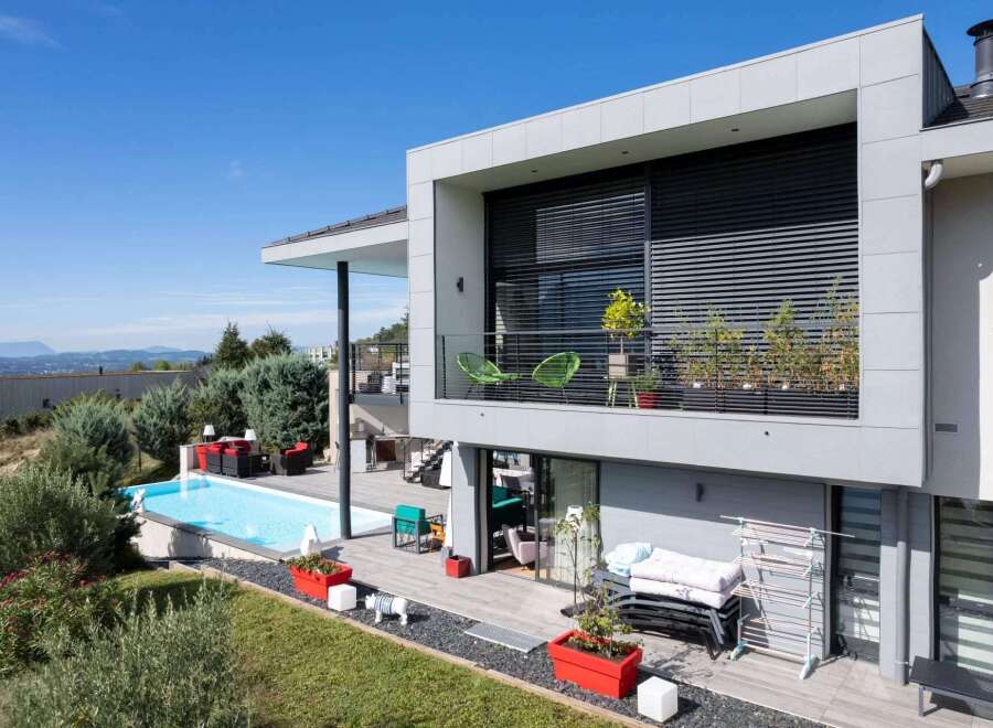 Stunning modern home with a sleek design and expansive outdoor space.