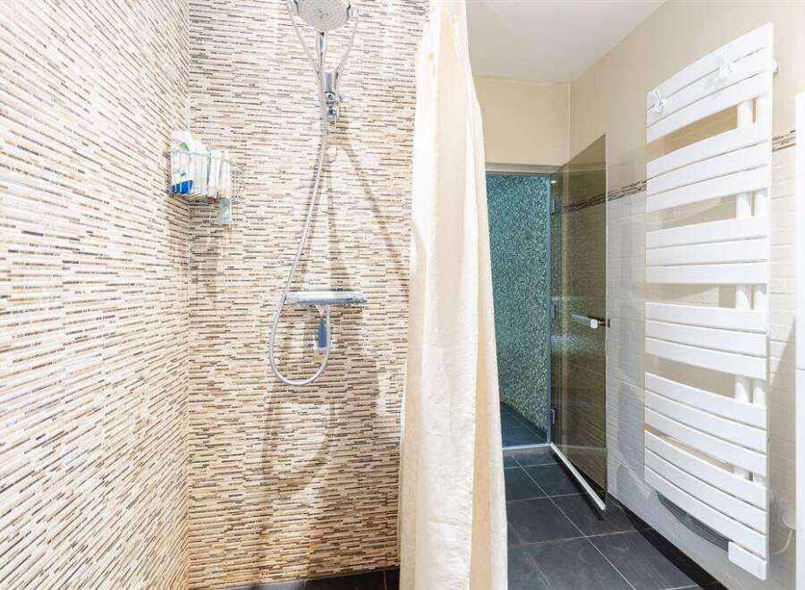 Modern bathroom with a walk-in shower, stylish mosaic tile, and a heated towel rack.